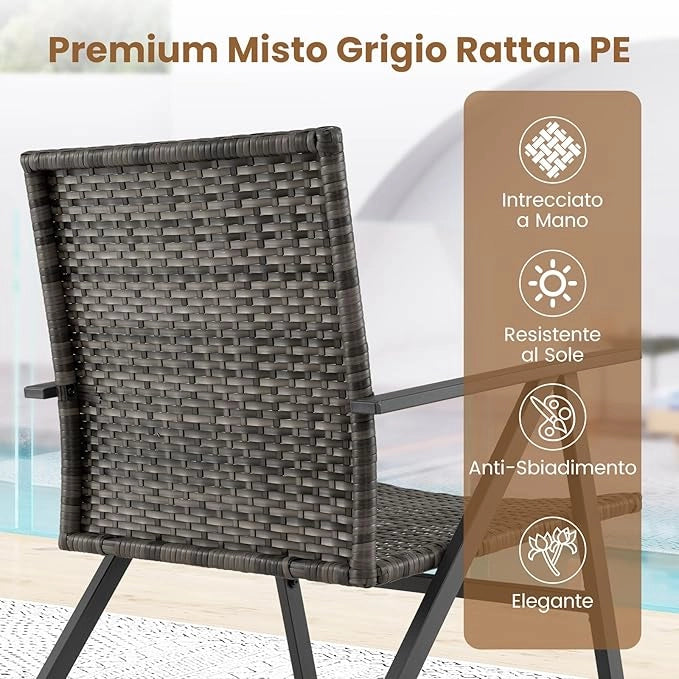Set Tavolino e 2 Sedie, Salottino da Giardino Esterno con 2 Poltrone con Braccioli in Metallo con Schienale e Seduta in Rattan, Set da Giardino per Balcone, Veranda e Bordo Piscina