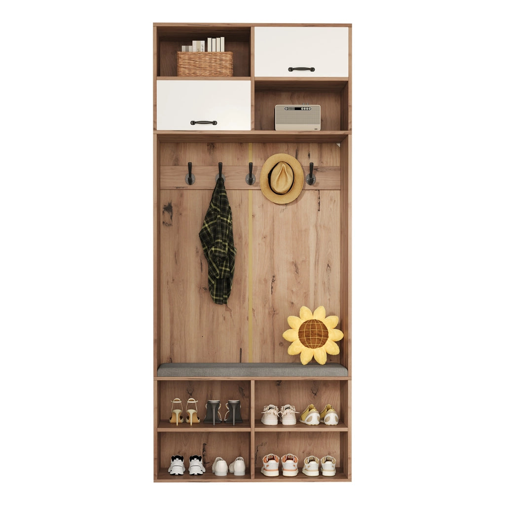 Set ingresso moderno con scarpiera, panca imbottita, 5 ganci, 4 vani aperti, colore naturale e bianco, 80¡Á185¡Á35 cm