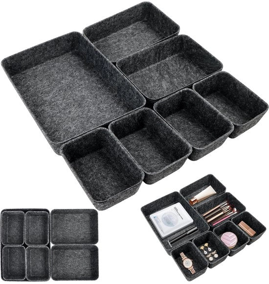 Set di 7 organizzatori di cassetto in velluto, scatole di archiviazione in velluto stivabili con 3 dimensioni, sistema di organizzazione di cassetti per scrivania, comodino, comodino da notte, armadio