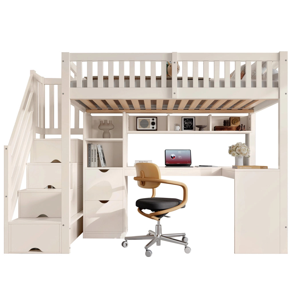 Letto a soppalco 90x200 cm con scrivania ad angolo e armadio a scala bianco