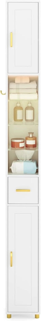 Colonna Bagno Alta, Ripiano in Vetro Temperato, Luce a 3 Colori, Piccolo Mobile di Stoccaggio Bagno, 2 Ante, 1 Cassetto, per Soggiorno, Ufficio, 20 x 20 x 181 cm(4Ripiano-2, Bianco)