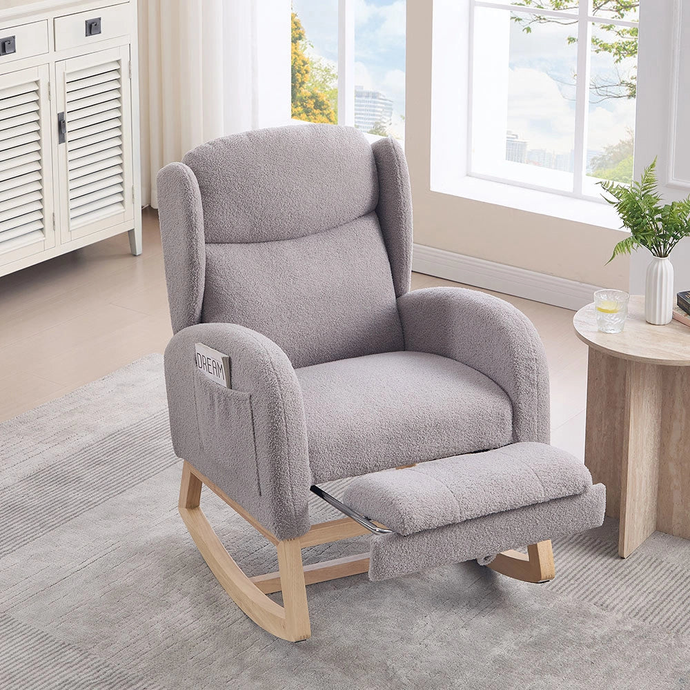 Sedia a dondolo per allattamento - Xylo - Struttura in legno, tessuto Teddy, poggiapiedi regolabile, grigio