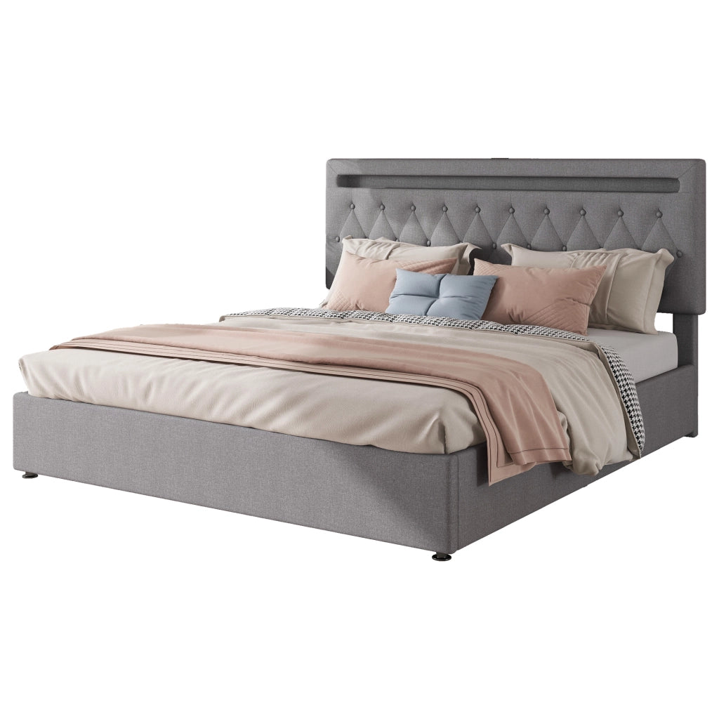 Letto Matrimoniale 180x200 Grigio con Contenitore Idraulico; LED App; USB e USB-C