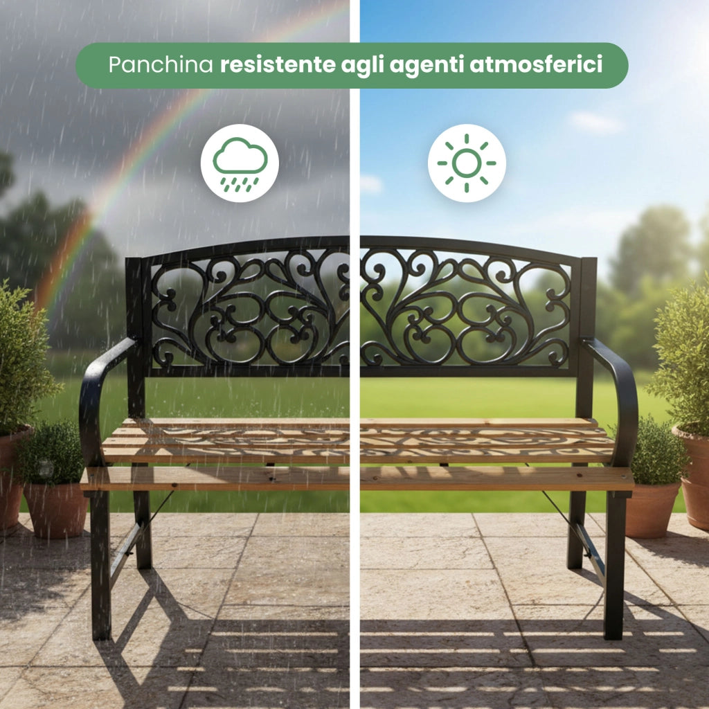 Panchina da giardino nera NERINA con legno laccato e gambe in ghisa larghezza 118 cm