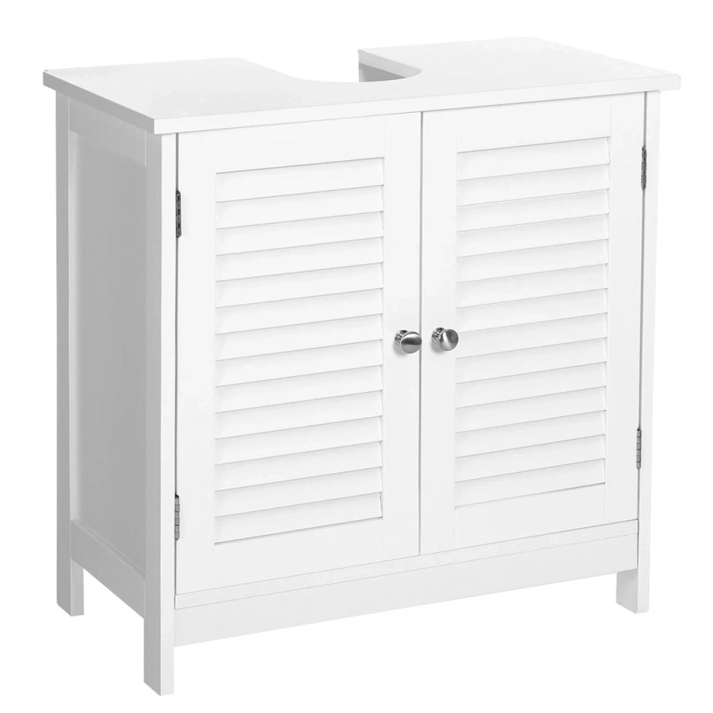 Mobiletto portaoggetti per il bagno 60 x 30 x 60 cm con 2 ante a persiana ripiano regolabile maniglie stile nordico scandinavo bianco opaco 12_0002738