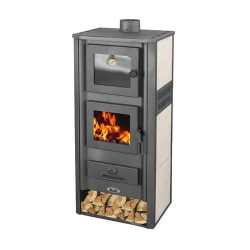 Stufa a Legna con Forno Lucrezia 12–13 kW Beige in Acciaio con Portalegna