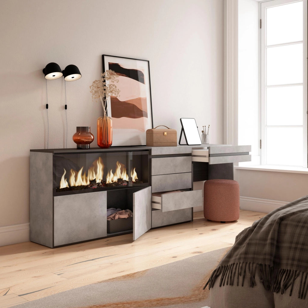 Tavolo da toeletta, 234x35x75cm, Con cassetto, Camino elettrico XXL, Cassettiera, grigio cemento RF3466