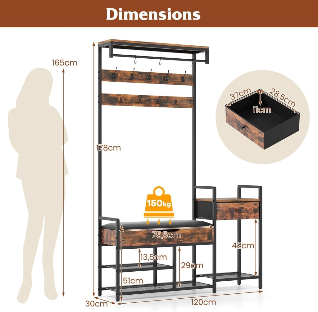 Appendiabiti da Terra 178 cm, Stand Appendiabiti da Ingresso con Scaffale per Scarpe 12 Ganci Cassetti e Panchina, Stendibiancheria per Ingresso Soggiorno Camera da Letto