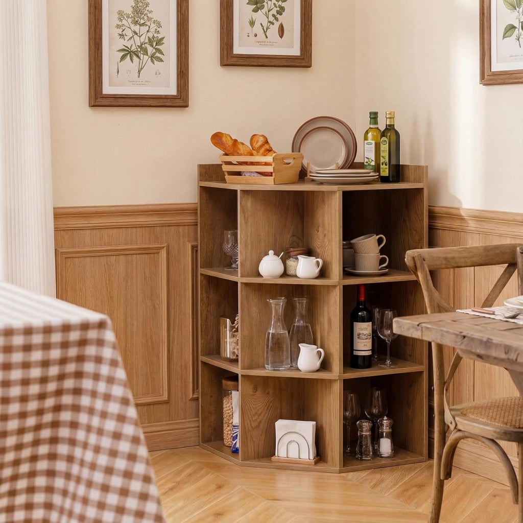Mobile ad Angolo a 3 Livelli in Legno, Libreria Angolare Aperta con Stazione di Ricarica 9 Cubi 2 Porte USB e 4 Prese, Adatto per Spazi Ridotti, 51x71,5x86 cm (Naturale)
