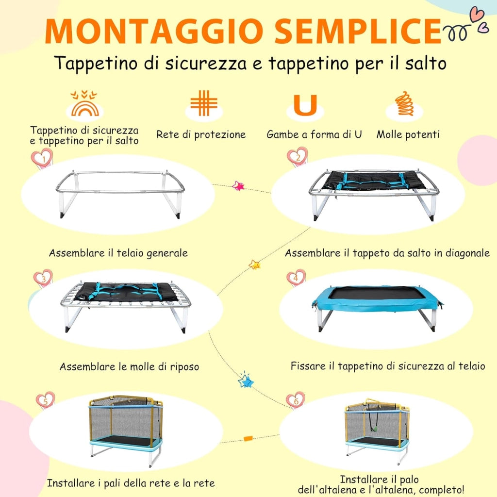 Trampolino Rettangolare per Bambini 3-in-1 190 x 124 cm, Tappetto Elastico per Bambini da Esterno ed Interno con Rete, Altalena, Barra, Copertura e Design senza Fessure