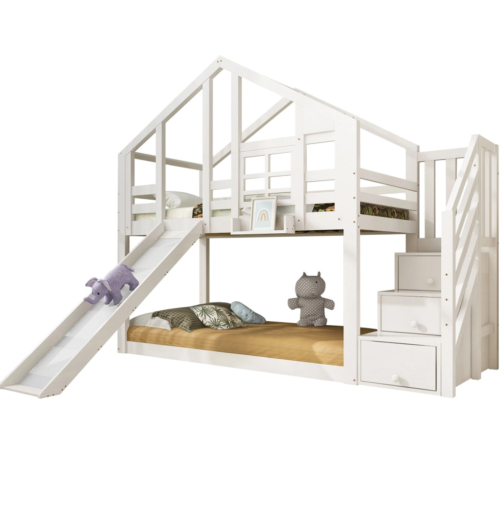 Letto a castello per bambini a casetta con scivolo 90x200 cm in legno massello e MDF; bianco