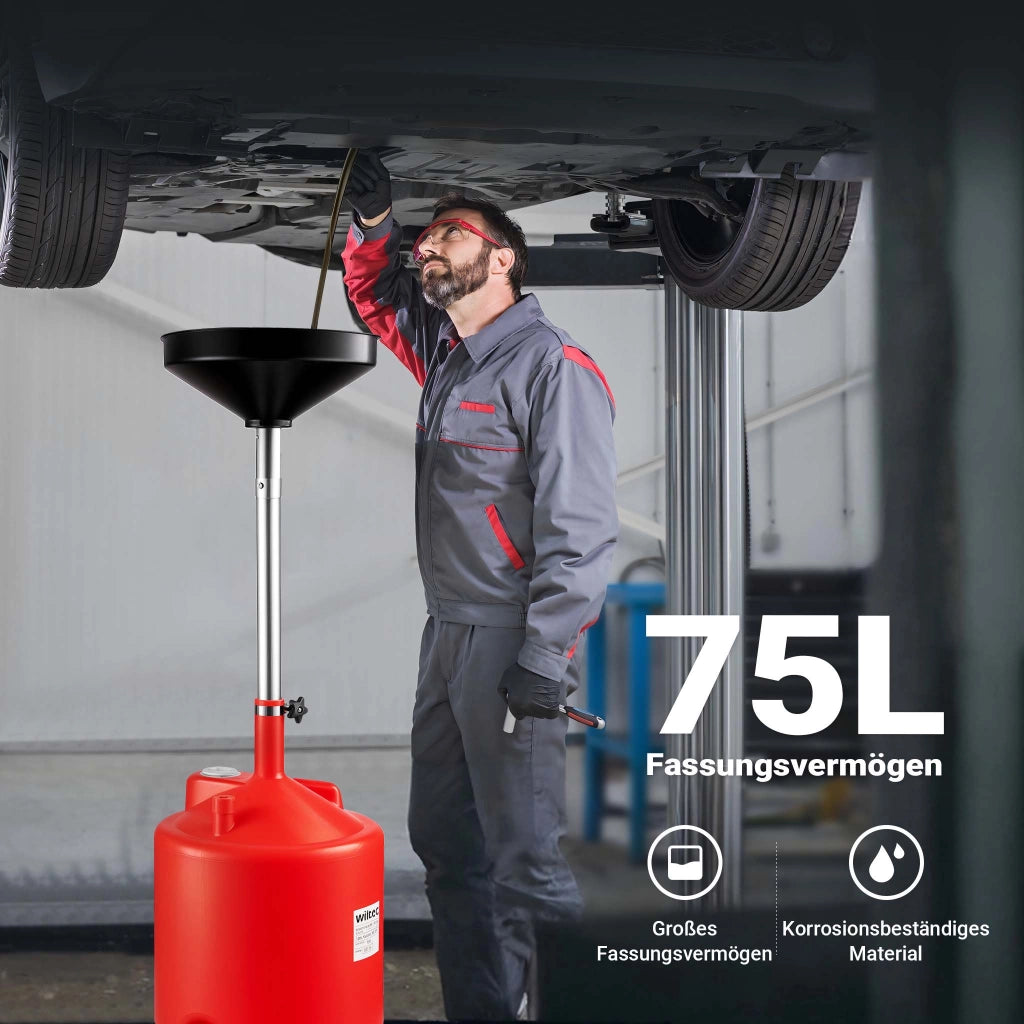 Recuperatore olio esausto a caduta con ruote, serbatoio 75 l, imbuto Ø 41 cm, carrello per recupero olio auto con ruote, altezza regolabile 145-185 cm, per cambio olio
