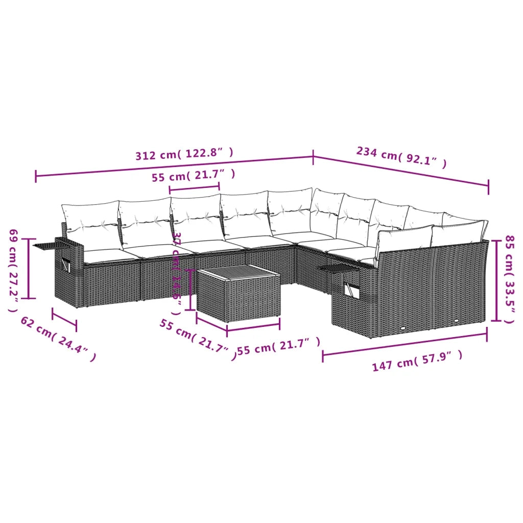 Set Divani da Giardino 11 pz con Cuscini in Polyrattan Nero 3257085