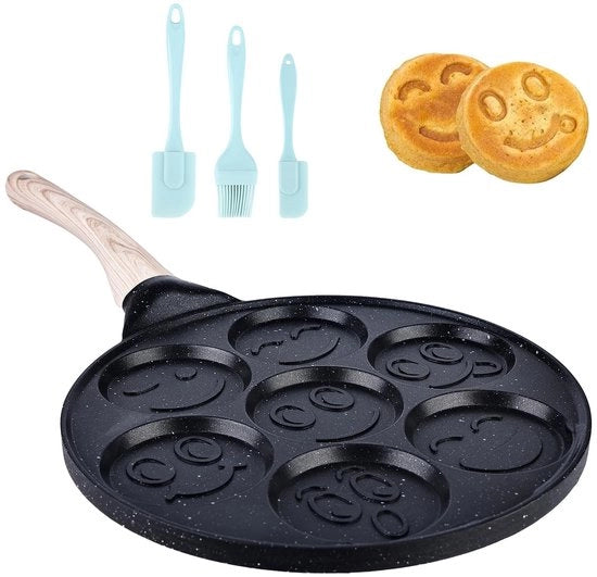 Padella per pannocchie con rivestimento antiscivolo - 7 fori e facce felici - 26 cm - Ideale per pannocchie e omelette - Adatto per fornelli a gas e elettrici.