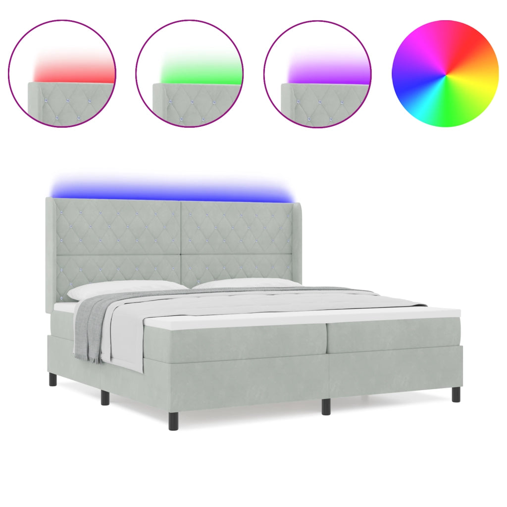 Letto Box Spring con Materasso e Luce LED Grigio Chiaro 200x200 cm Velluto
