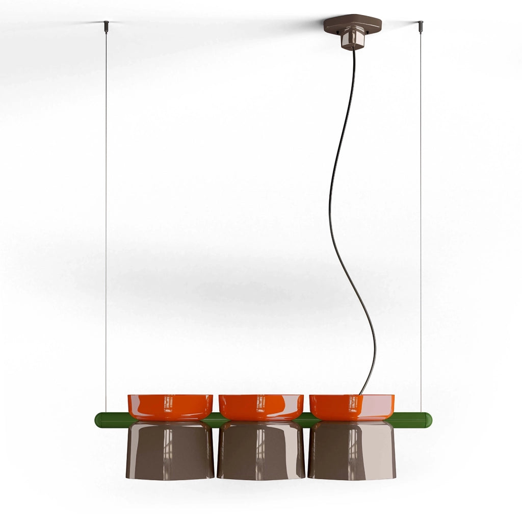 Lampadario Decò Yakitori Ceramica Arancio Volpe Moka Metallo Verde 3 Luci E27