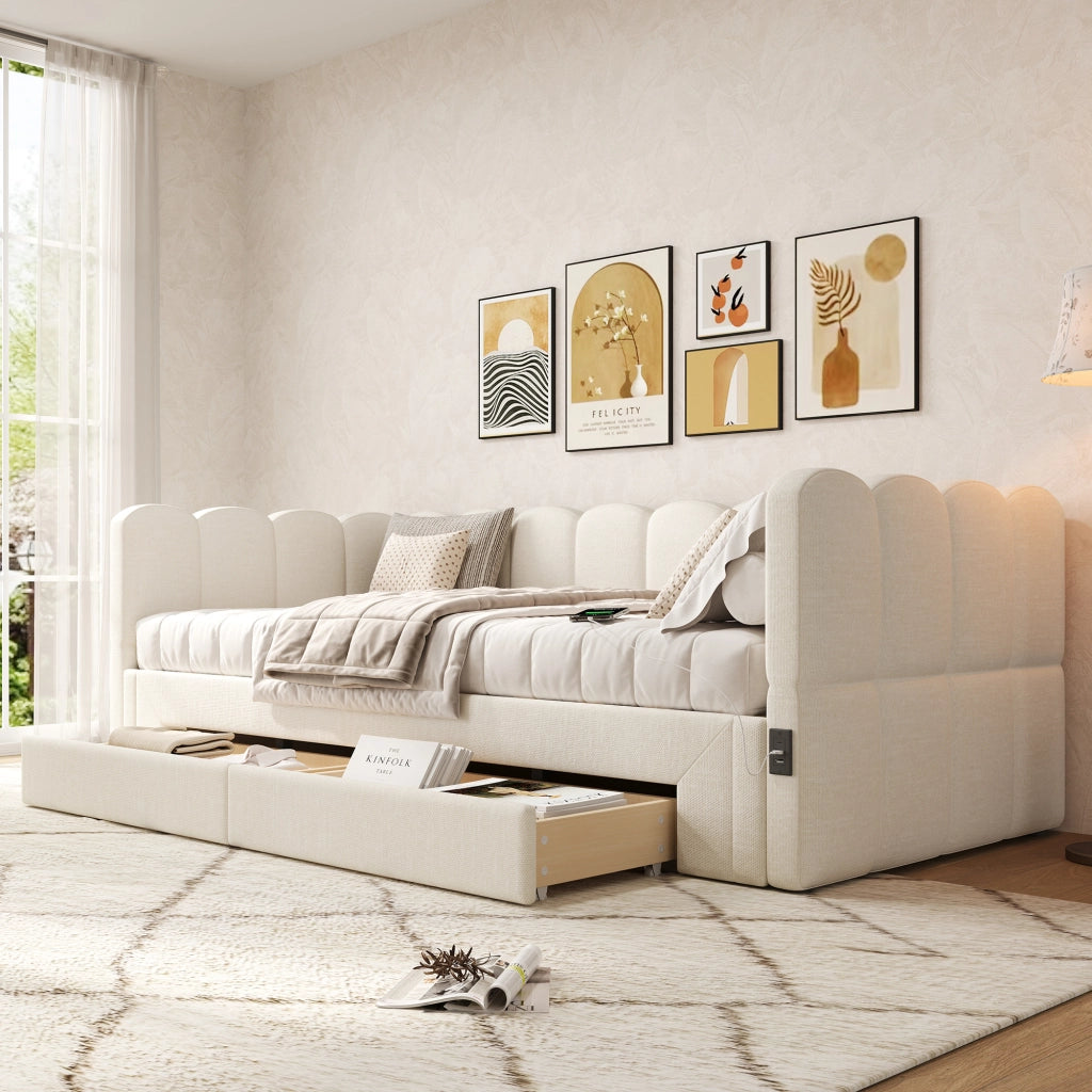 Divano letto con letto estraibile e cassetti, 90x200 cm, lino beige