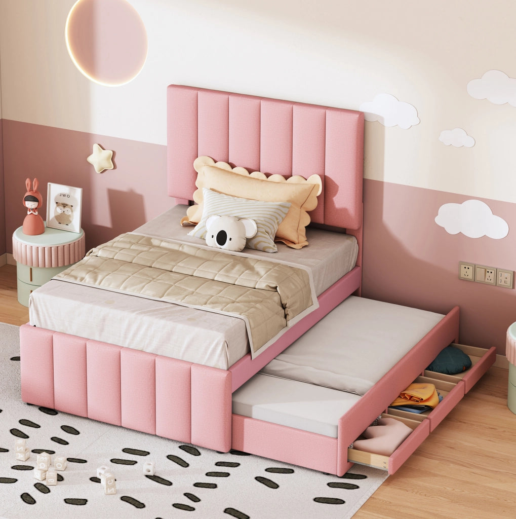 Letto imbottito con letto estraibile e 3 cassetti; 90x200 cm; rosa