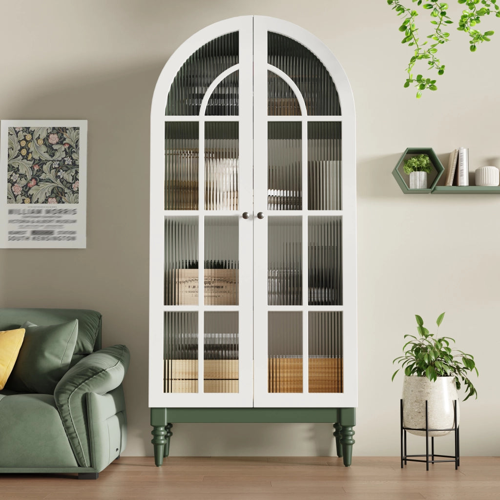 Vetrina ad arco con doppie ante in vetro rigato, 3 ripiani, MDF e metallo, verde, 76 × 38,5 × 165 cm