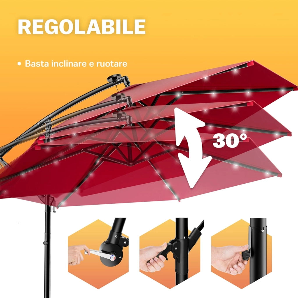 ® Ombrellone da Giardino con LED Ø300cm Parasole Rotondo Decentrato con Manovella Rosso