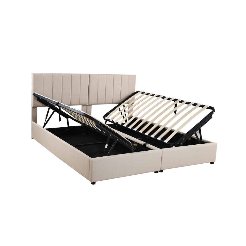 OKWISH Letto Contenitore 180×200 cm, Letto Matrimoniale con Contenitore Idraulico, Testiera Regolabile e Convertibile, senza Materasso, Beige