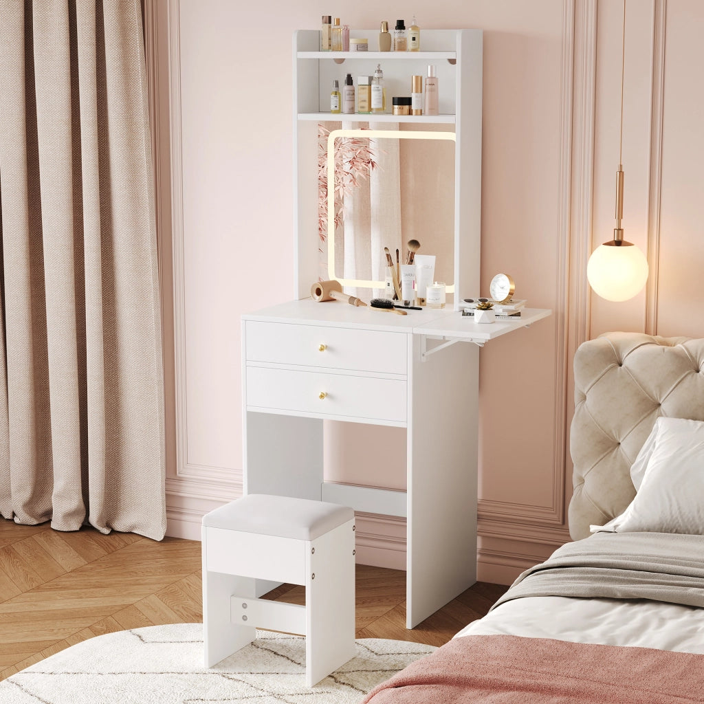 Tavolo da trucco pieghevole con illuminazione LED a 3 tonalit¨¤, 2 cassetti, 2 vani aperti, specchio e sgabello, bianco