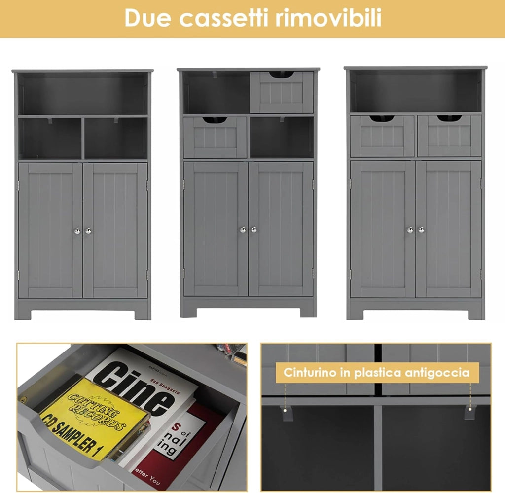 Armadietto Terra da Bagno Mobile Autoportante, Mobiletto Ufficcio Multiuso, con Cassetti e Ripiani, Ampio Spazio, Legno (Grigio)