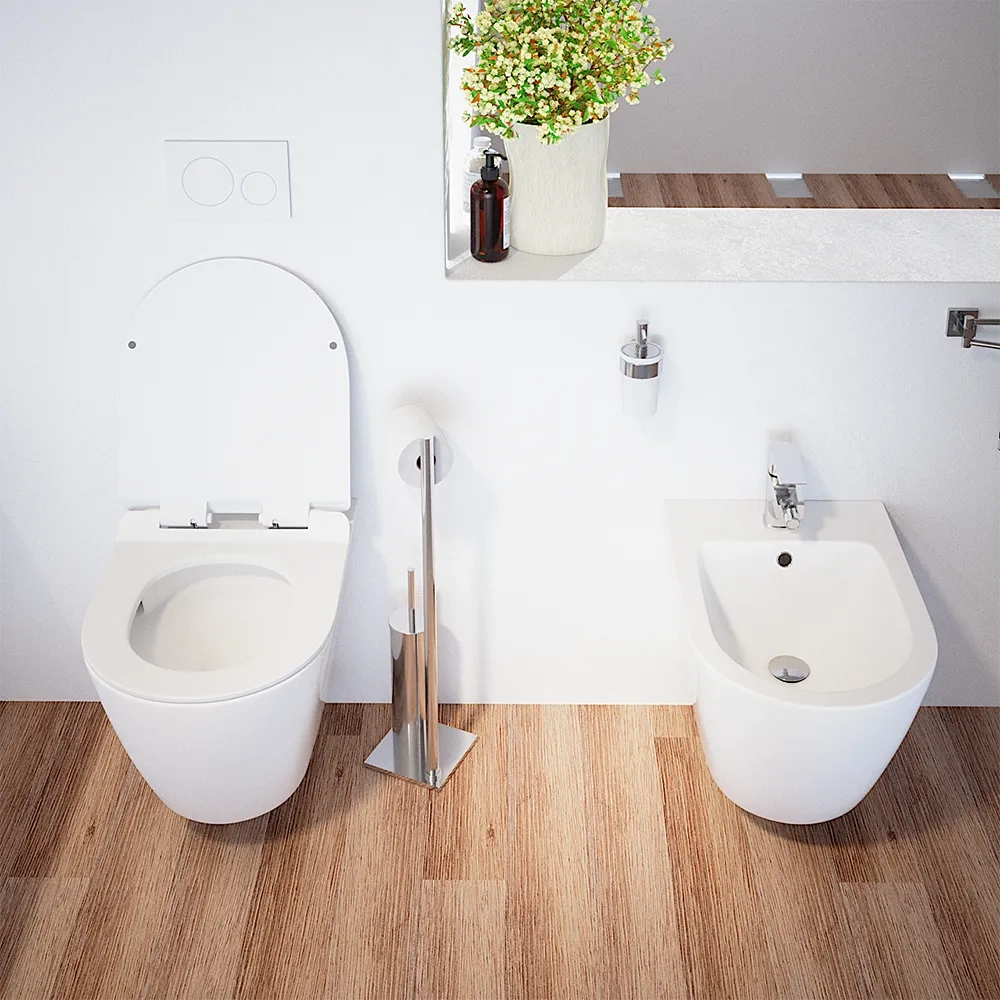 Sanitari sospesi in ceramica bianco lucido vaso tornado silent flush sedile soft-close e bidet | Sydney
