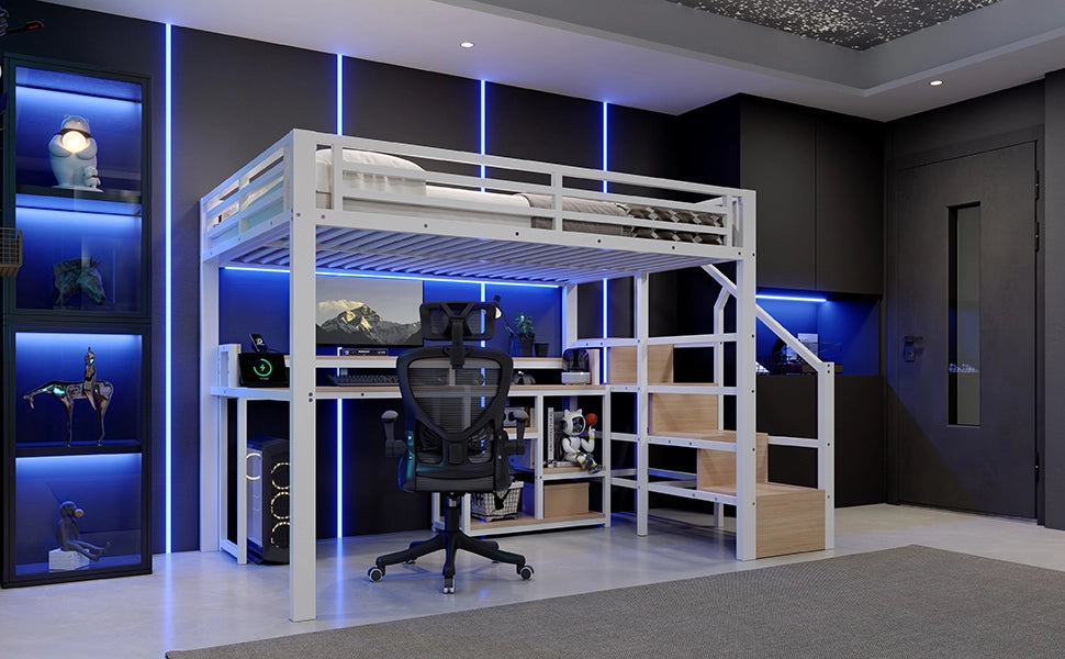 Letto a soppalco 140 × 200 cm con scala contenitore, ripiano, USB e Type-C, LED, senza materasso, bianco
