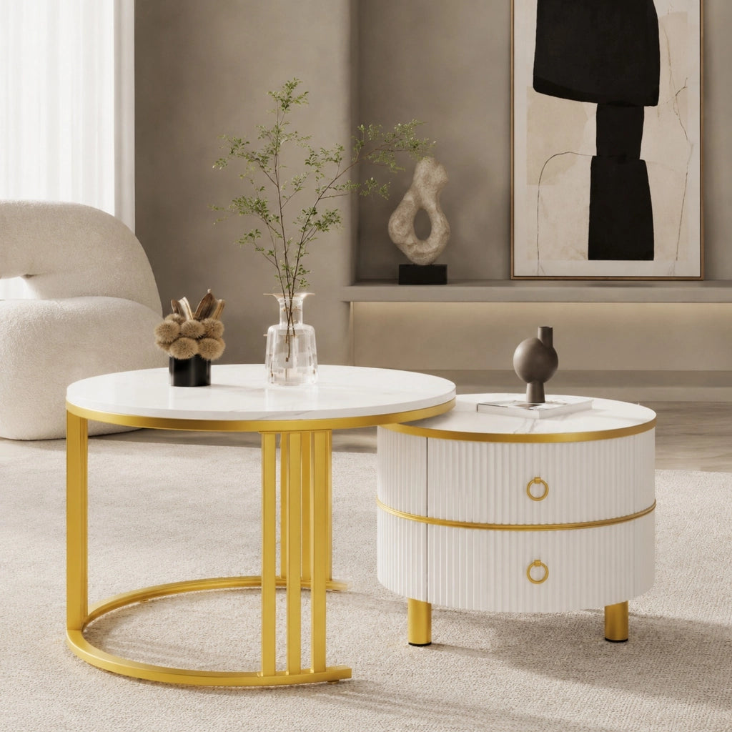 Set di tavolini da caffè rotondi 2 pezzi 70/46 e 50/40 cm in MDF bianco con effetto marmo