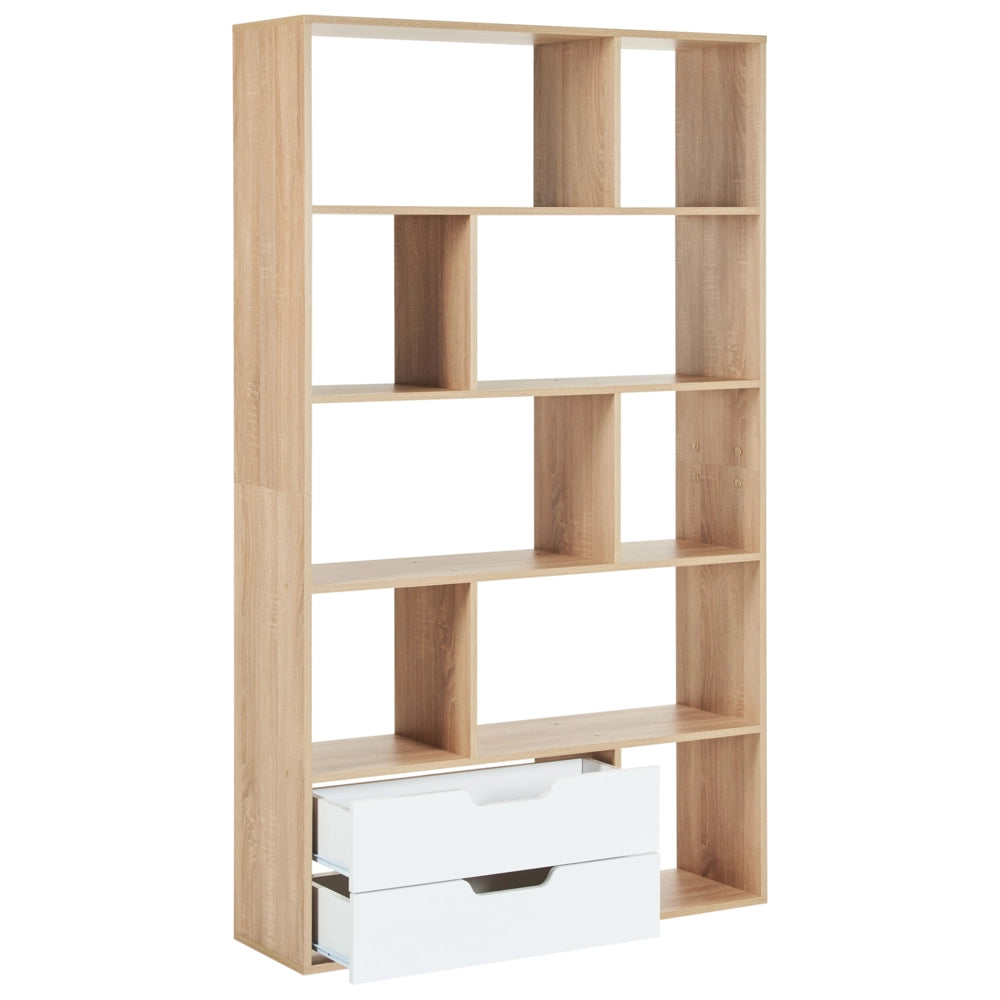 Libreria a 5 ripiani in legno chiaro con 2 cassetti bianco stile moderno