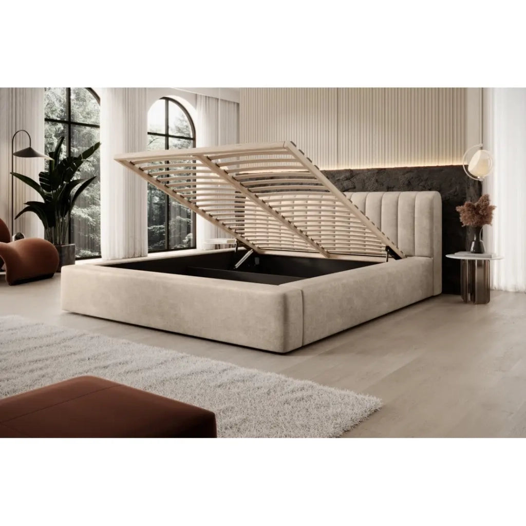 Letto contenitore CERVIN – Velluto morbido Nude Sablé – 160x200 cm – Rete sollevabile – Design elegante