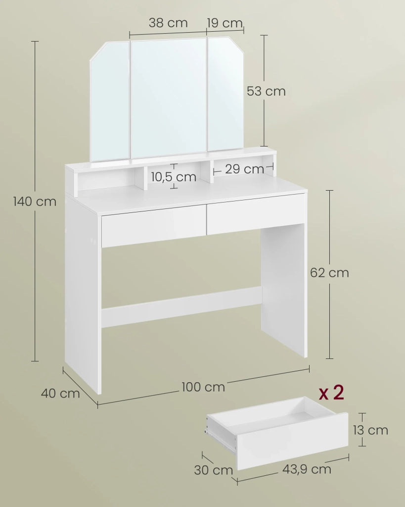 Toletta con specchio pieghevole tavolo da trucco con 2 cassetti e 3 vani portaoggetti stile moderno bianco 12_0005166