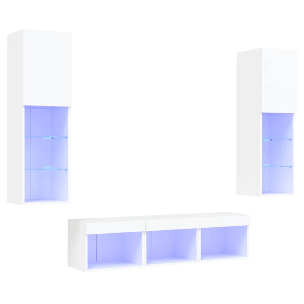 Mobile TV multimediale scaffale TV credenza mobile TV sala da pranzo soggiorno camera da letto con illuminazione a LED 5 pezzi legno ingegnerizzato bianco 02_0029380