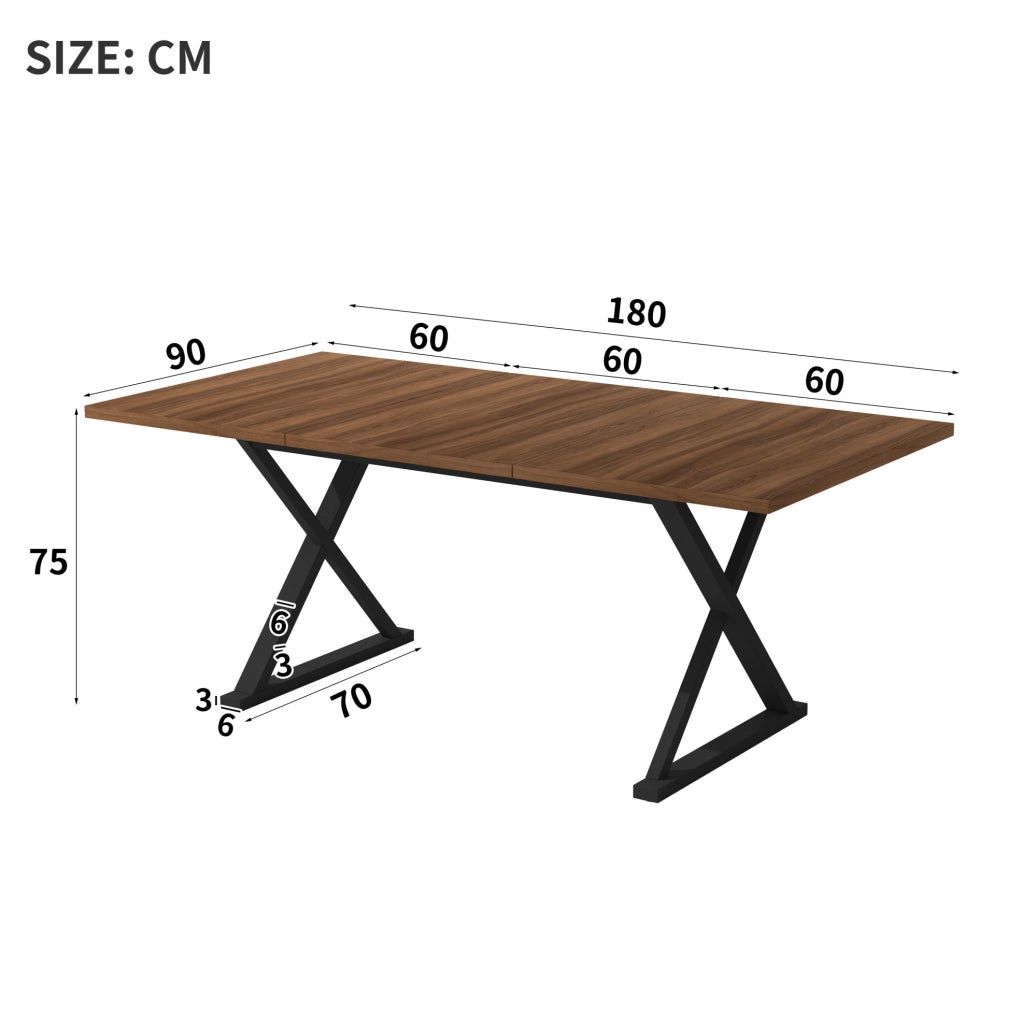 Tavolo da pranzo 180x90x75 cm in MDF con gambe in metallo a X; noce