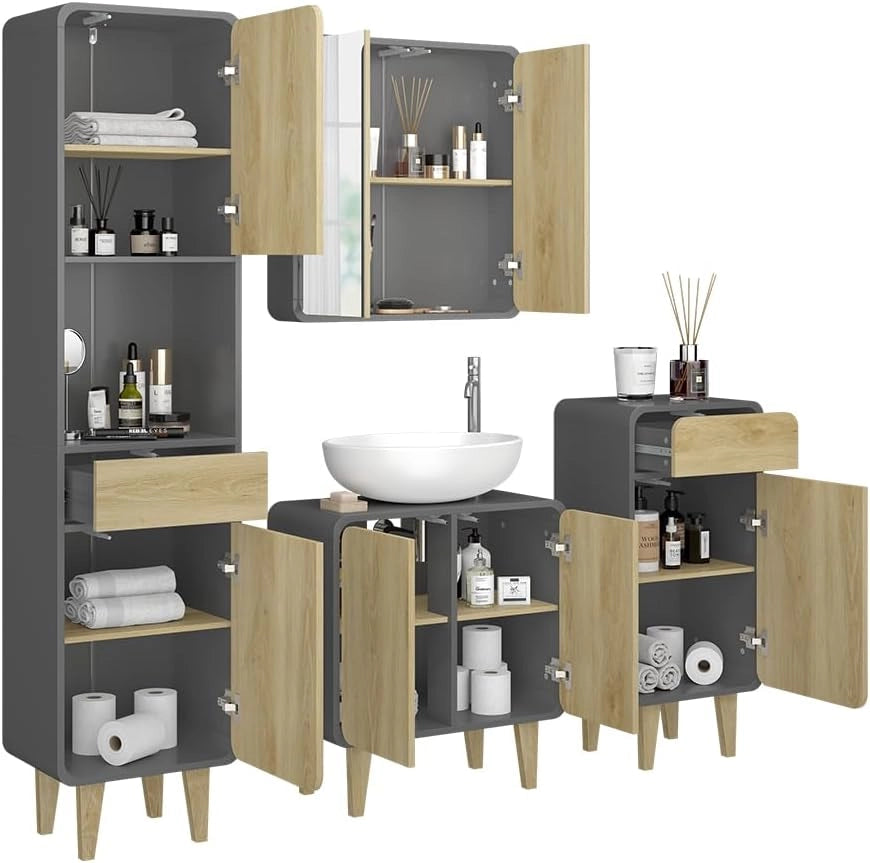 Set di mobili da bagno Arla, Antracite/quercia, 60 cm, composto da mobile lavabo, pensile a specchio, colonna e base media