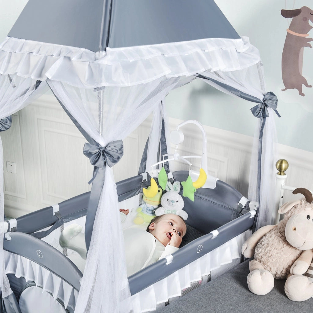 Doppio lettino portatile per bambino con tenda Yurta e ruote-Culla lettino per bimbi con zanzariera e giostra 110x78x200cm Grigio