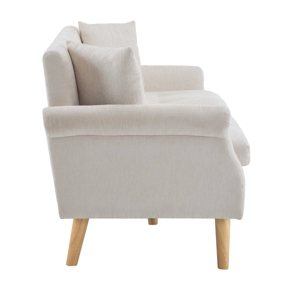 Divano 2 posti in chenille beige con cuscini; 162x74x77 cm