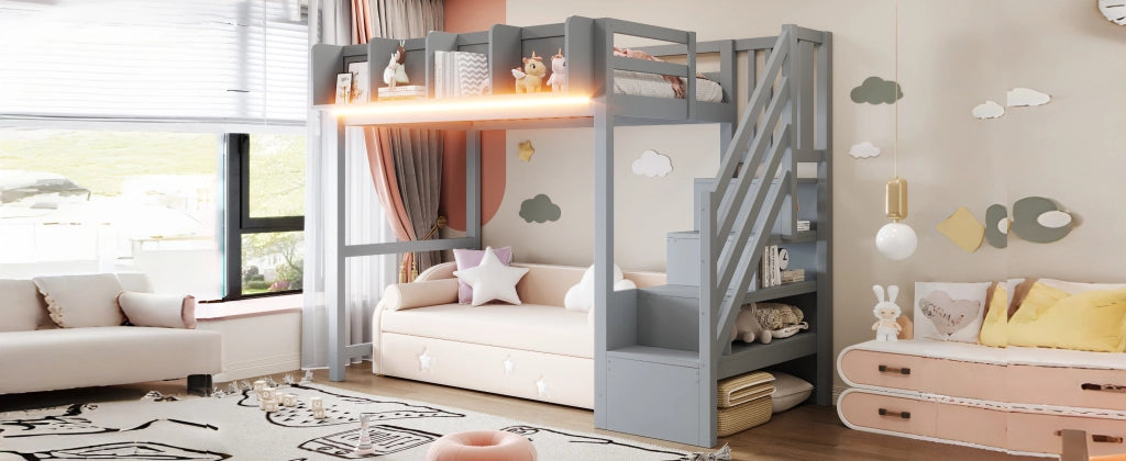 Letto a soppalco 90 × 200 cm con barriera di sicurezza, ripiani e LED, senza materasso, in legno grigio
