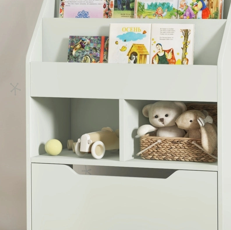 Libreria per bambini verde con cassetto e vani aperti 60 x 29,9 x 90 cm