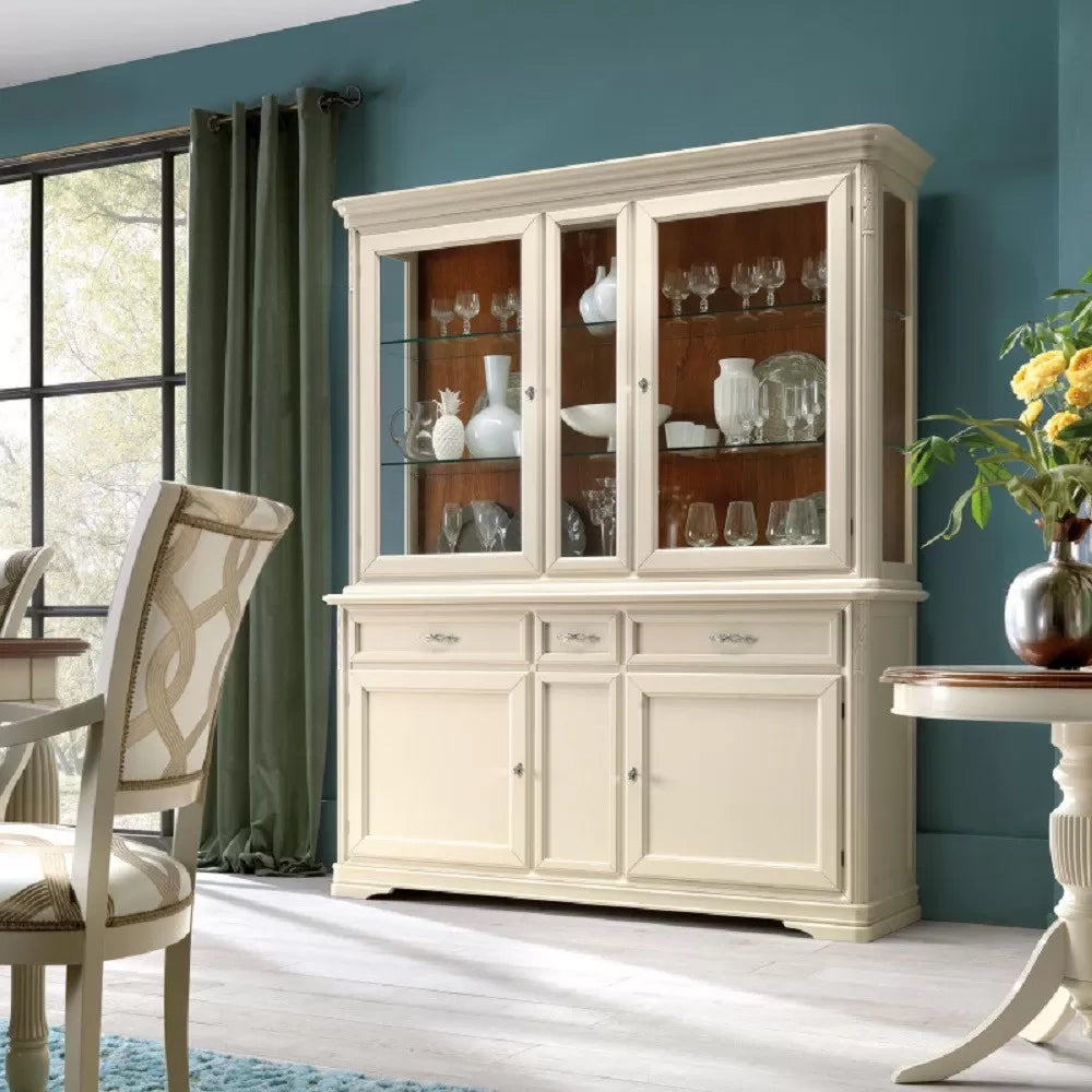 Cristalliera shabby in legno massello 4 ante 3 cassetti beige opaco l.180 p.50 h.220 - Mobili 2G