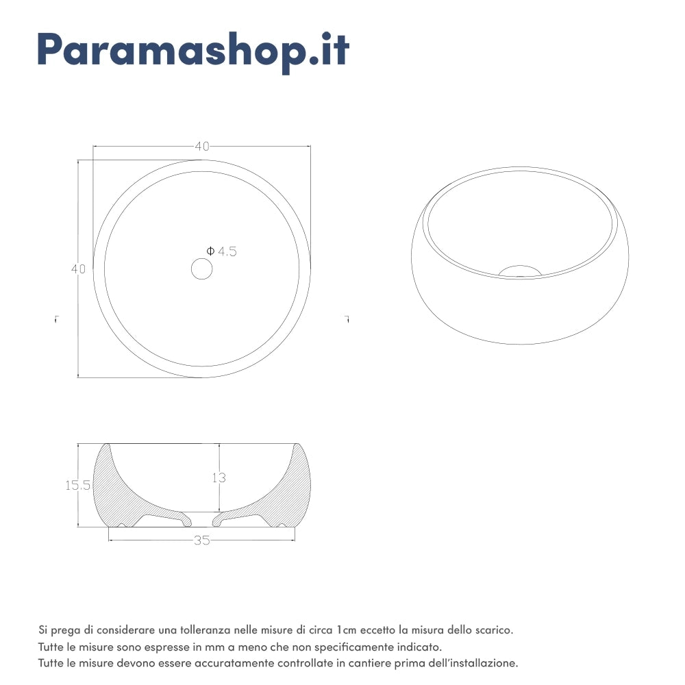 Lavabo da appoggio tondo 40x40x15,5 cm Bianco