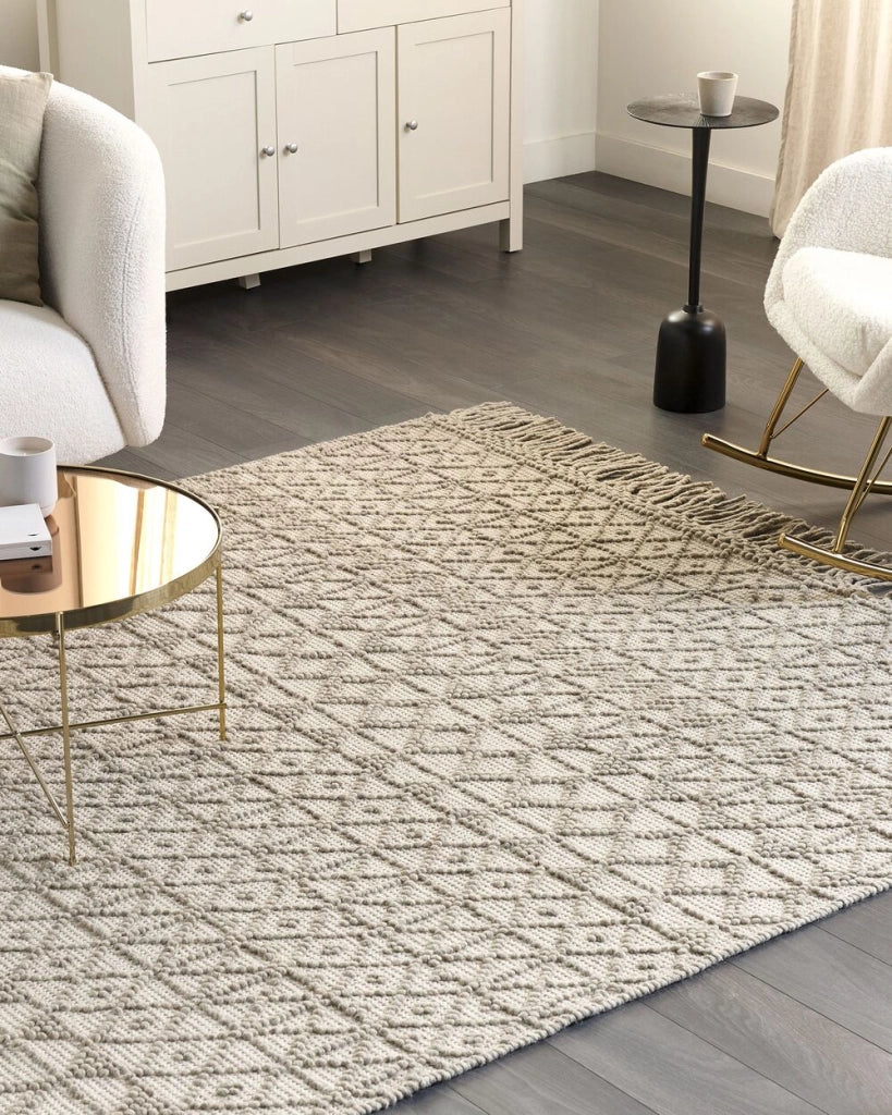Tappeto Beige Lana Poliestere 160 x 230 cm Motivo geometrico Nappe Boho Moderno