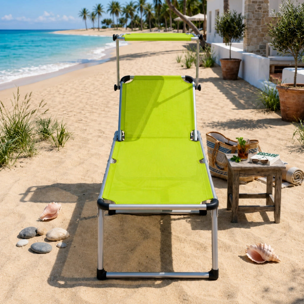 Sedia Sdraio Per Spiaggia Mare Giardino Piscina Lettino Pieghevole Prendisole Con Tettuccio Parasole Schienale Reclinabile Regolabile In 6 Posizioni Struttura In Alluminio 187 X 59 X 29 Cm Verde Fluo