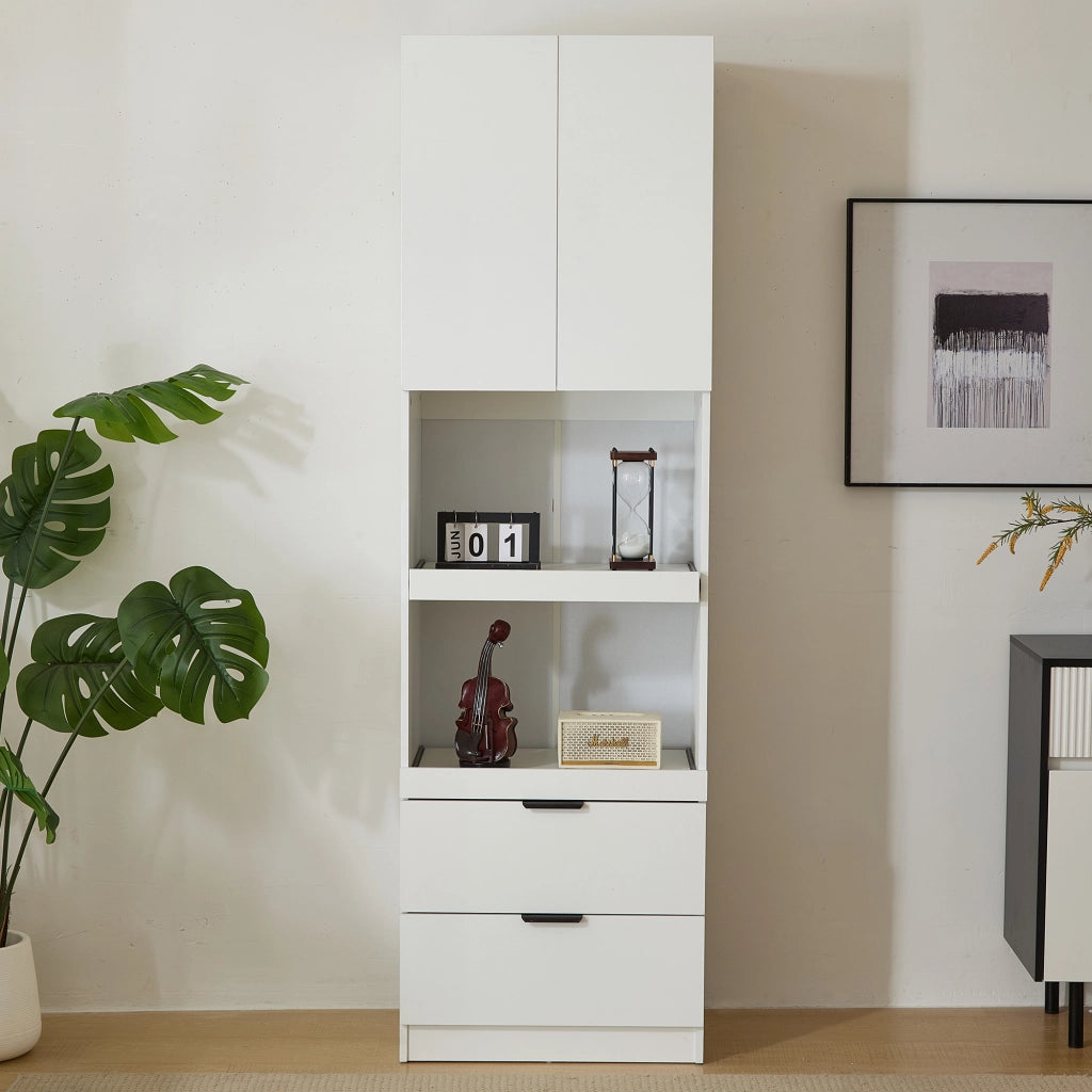 Armadio cucina multifunzione bianco con 1 anta, 2 ripiani aperti e 2 cassetti, 59,5 x 45 x 200 cm
