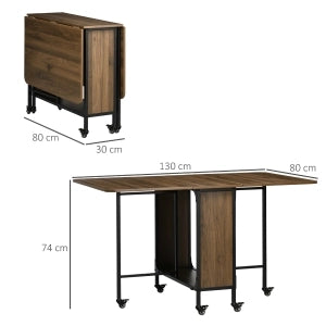 Tavolo da pranzo pieghevole mobile per 6 persone, con piano d’appoggio, per spazi piccoli, portata fino a 50 kg, 130x80x74 cm, marrone