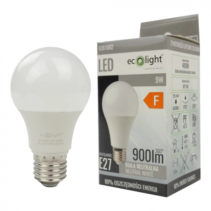 Lampadina LED sferica E27 9W 4000K 900lm Ecolight
