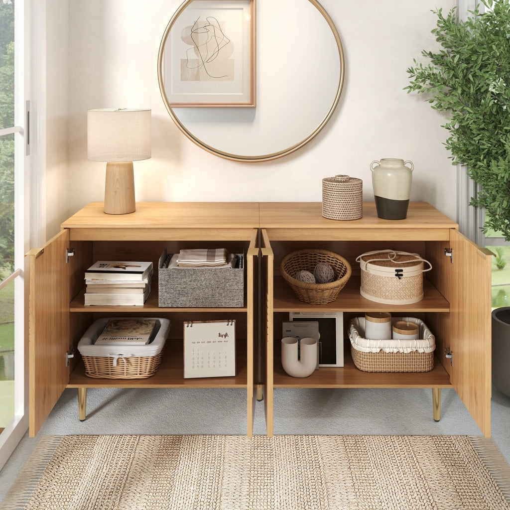 OKWISH Madia con 4 ante e ripiani regolabili, gambe in metallo, per soggiorno o sala da pranzo, MDF, naturale, 140 x 40 x 72 cm