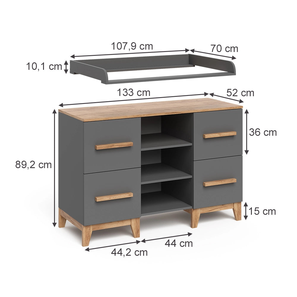 Vitalispa Fasciatoio Grigio/Artisan 133 x 98 cm XL con 4 cassetti
