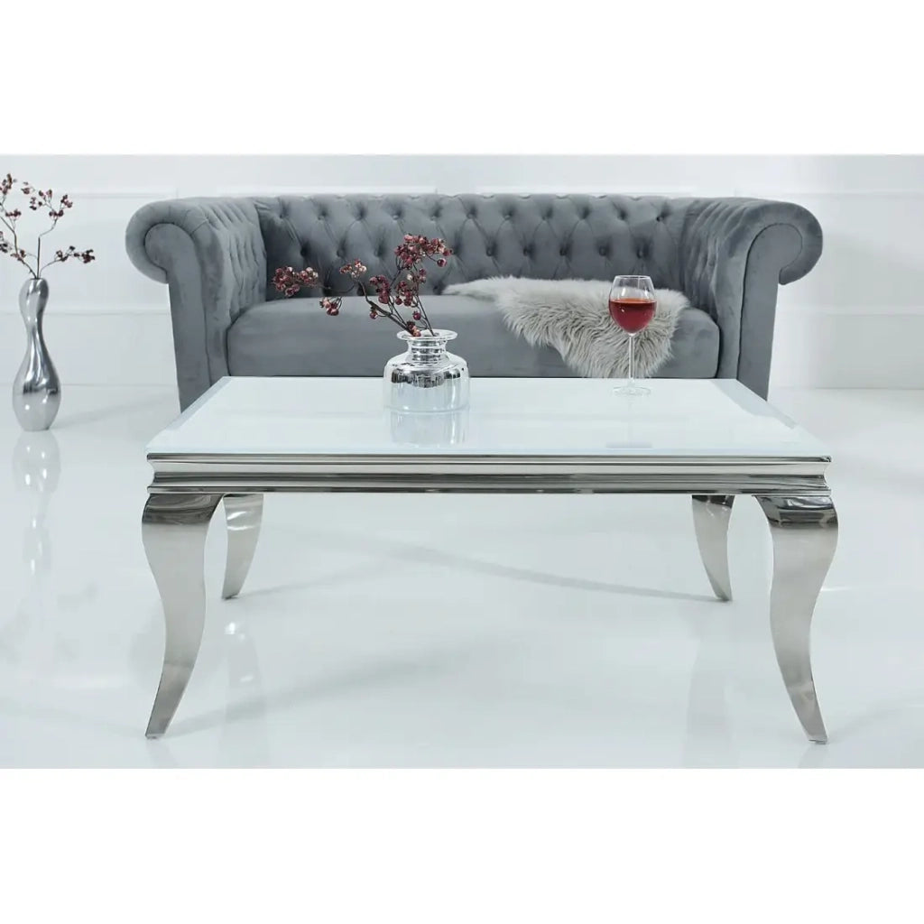 Table bassa VELENA 100 cm argentata con vetro temperato opaco – Gambe curve in stile barocco